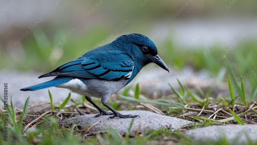 Poster vibrant blue bird foraging on grass, showcasing its colorful plumage and attentive demeanor in a nat