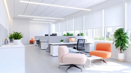 Modern collaborative workspace, designed for flexibility, featuring sleek multi-purpose furniture, open layouts encouraging teamwork and innovation, vibrant atmosphere promoting creativity