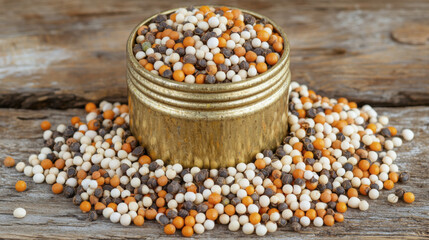 collection of colorful seeds in golden container on wooden surface, showcasing variety of textures and colors