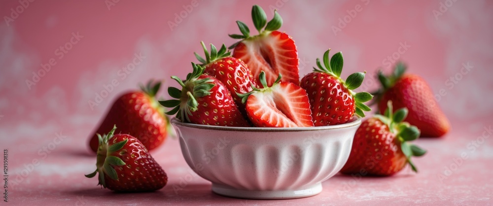 Poster freshly sliced strawberries in white bowl against soft pink background showcasing vibrant red colors