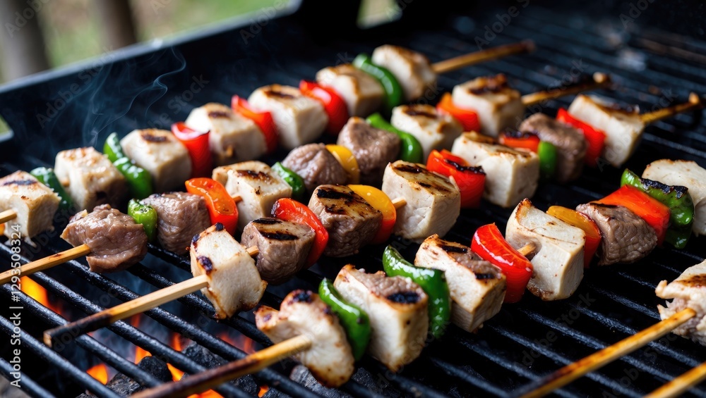 Aufkleber grilled skewers with meat and colorful vegetables on barbecue grill over charcoal flames