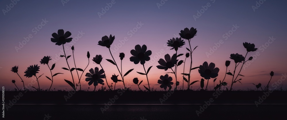Poster silhouetted flowers at dusk with empty copy space for text on horizon background ideal for nature an