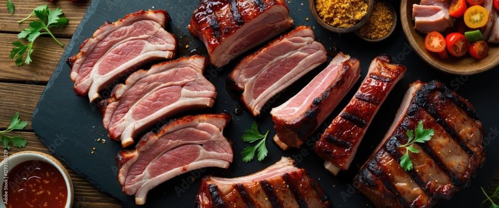 Poster sliced bbq pork chop steaks on wooden board with accompaniments top view culinary presentation