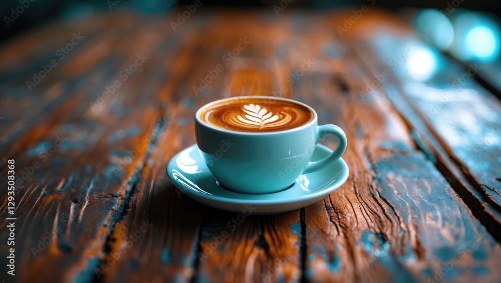 Poster Elegant frothy latte in turquoise cup on rustic wooden table showcasing coffee art and inviting atmosphere for coffee lovers.