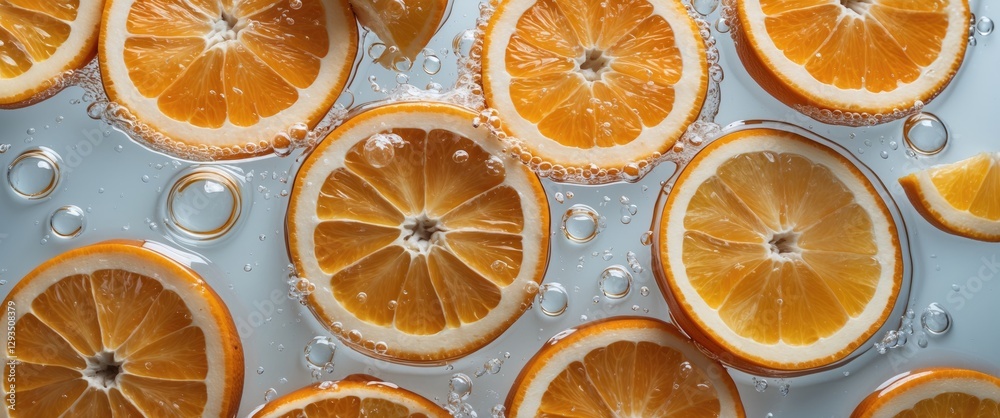 Aufkleber Fresh orange slices immersed in sparkling water with bubbles creating a refreshing and vibrant visual composition