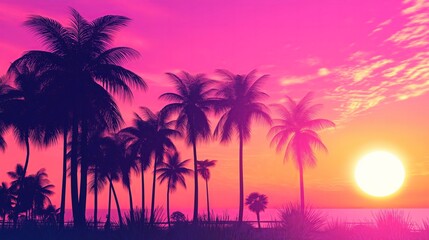 A vaporwave sunset with palm trees silhouetted against pink skies. 