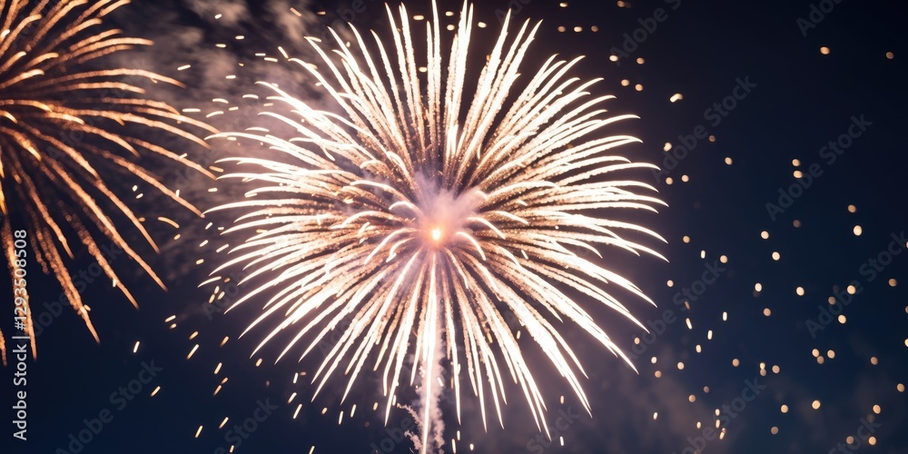 Poster spectacular fireworks display with radiant feathery streaks and blank space for text overlay on a da