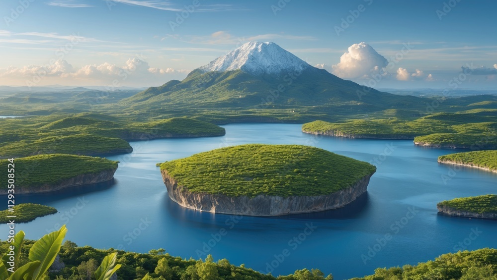 Aufkleber serene aerial view of lush green islands surrounded by tranquil water and majestic mountains under a