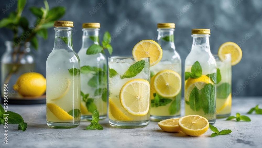 Aufkleber Refreshing lemonade drinks with mint and lemon slices in stylish bottles and glass on a marble countertop with empty space for your text.