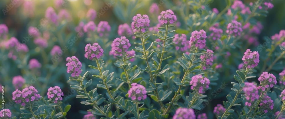 Poster beautiful pink shrubby cinquefoil flowers with soft focus background and empty copy space for text o