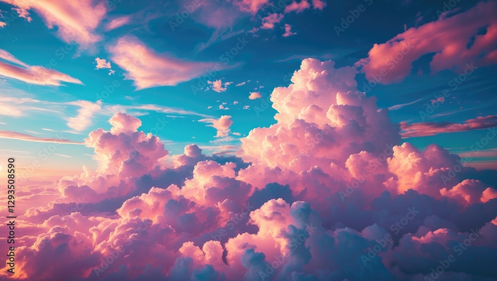 Poster vibrant sunset sky with fluffy pink and purple clouds creating a serene and dreamy atmospheric backg