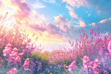 Purple lavender flowers on sunny beautiful nature spring background. Summer scene with fresh lavandula flower of lilac color. Neural network ai generated
