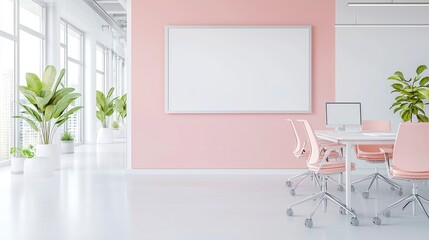 Fototapeta premium Modern Tech Startup Office, a collaborative workspace featuring open seating, interactive whiteboards, and a sleek minimalist design promoting creativity and teamwork.