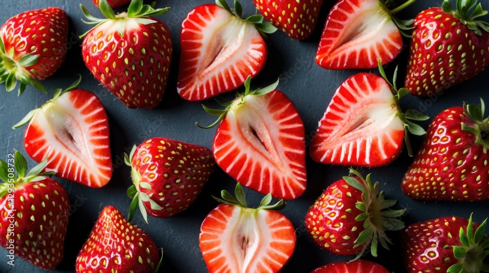 Poster freshly sliced strawberries on dark background showcasing vibrant colors and textures for culinary a