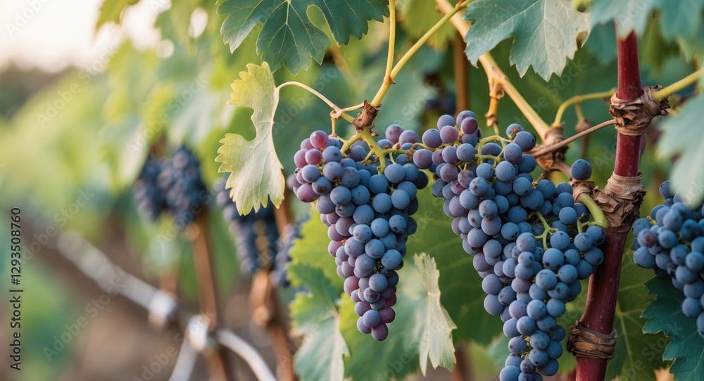 Poster bunches of ripe purple grapes on vine surrounded by green leaves with empty space for text in a vine