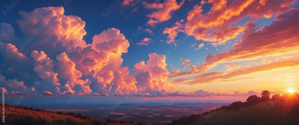 Poster vibrant sky and clouds illuminated by golden hour sunset over rolling hills and valleys creating a s