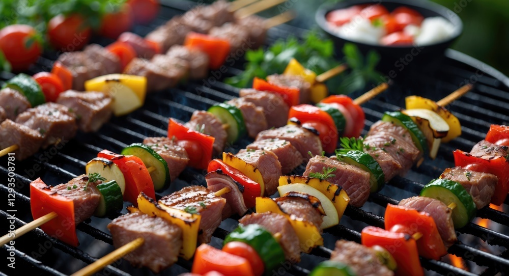 Poster Grilled Meat And Vegetable Skewers On Barbecue With Fresh Ingredients And Space For Text Or Menu Design
