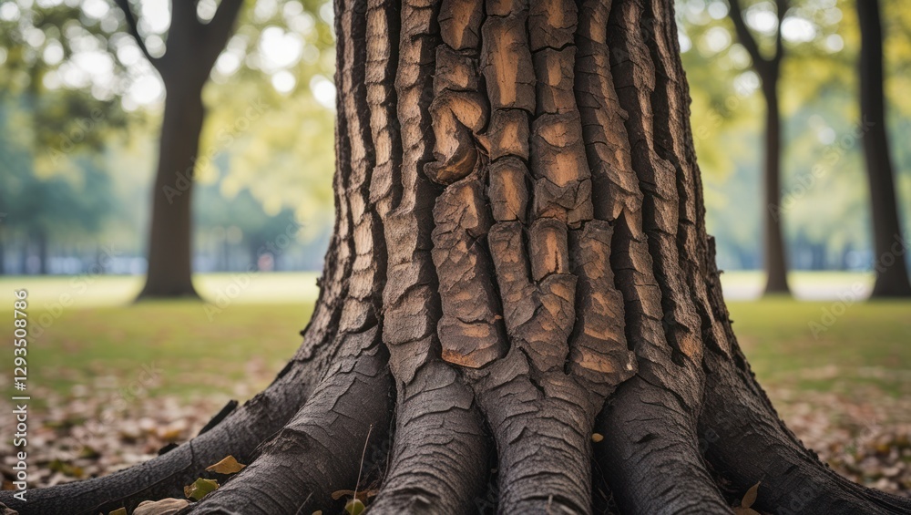 Aufkleber Detailed close-up of tree bark showcasing texture and patterns in a serene park environment with blurred background of trees and foliage.
