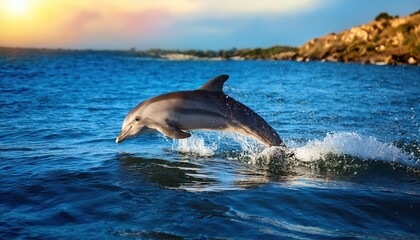Obraz premium Swimming Dolphins Leaping in a Blue Ocean Sunset, Graceful and Energetic Moment Frozen MidLeap, showcasing the Bold Contrast of Ocean Waters and Sky at Dusk.