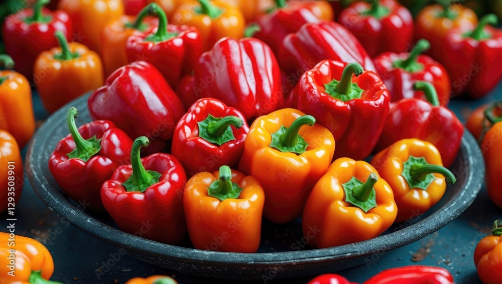 Poster vibrant red and orange bell peppers displayed in a rustic bowl as fresh produce for culinary use and