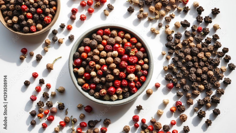 Poster Assorted colorful peppercorns in bowls and on a white background showcasing variety and texture from an overhead view.