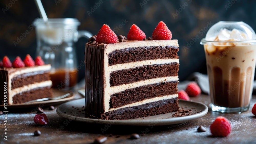 Poster chocolate layer cake slice with raspberries and iced coffee on wooden table delicious dessert scene 