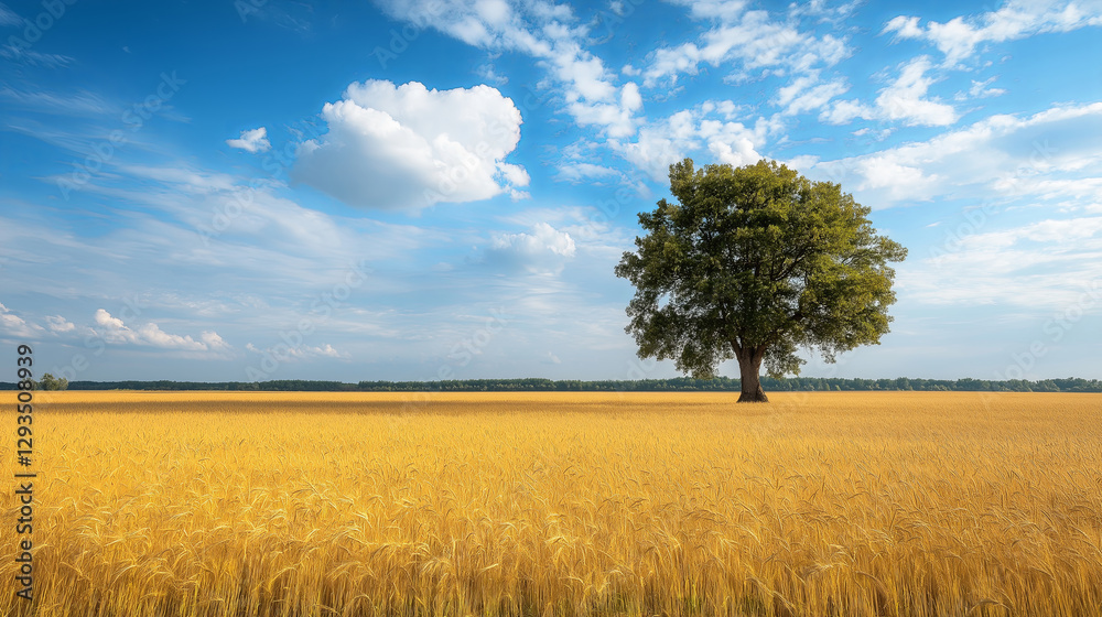 Aufkleber a vast wheat field with a single, ancient oak tree in the middle