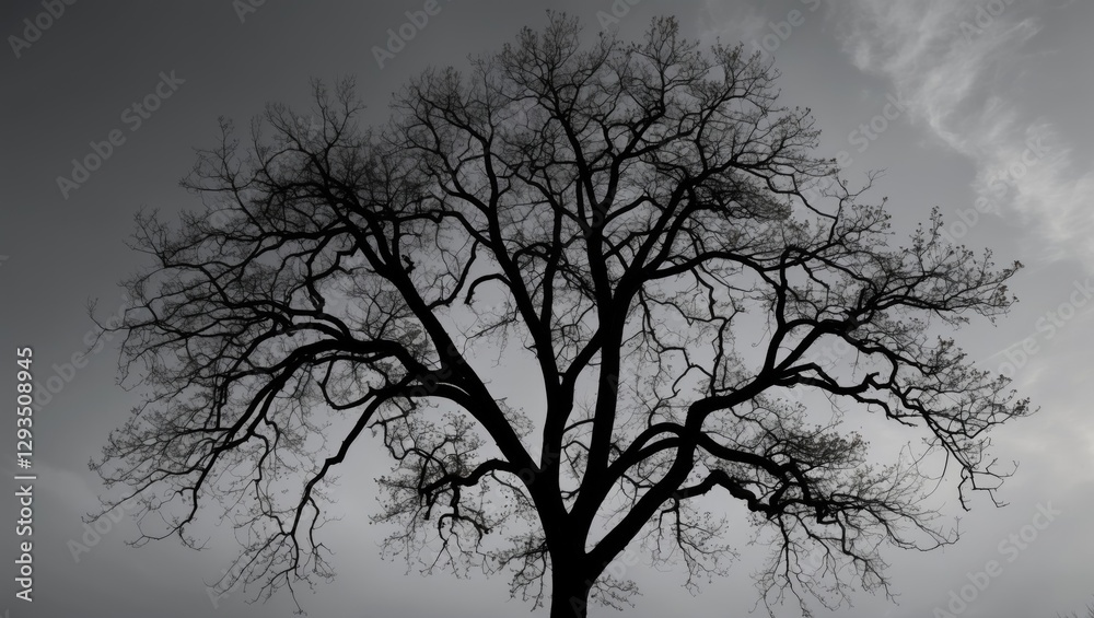 Poster Monochrome silhouette of a leafless tree against a gray sky capturing dramatic contrast and intricate branch patterns.