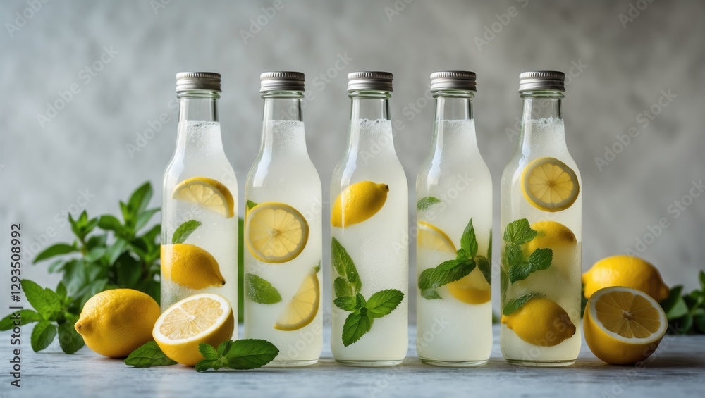 Aufkleber Refreshing lemonade bottles garnished with lemon slices and mint leaves on a textured surface with empty space for creative text addition.