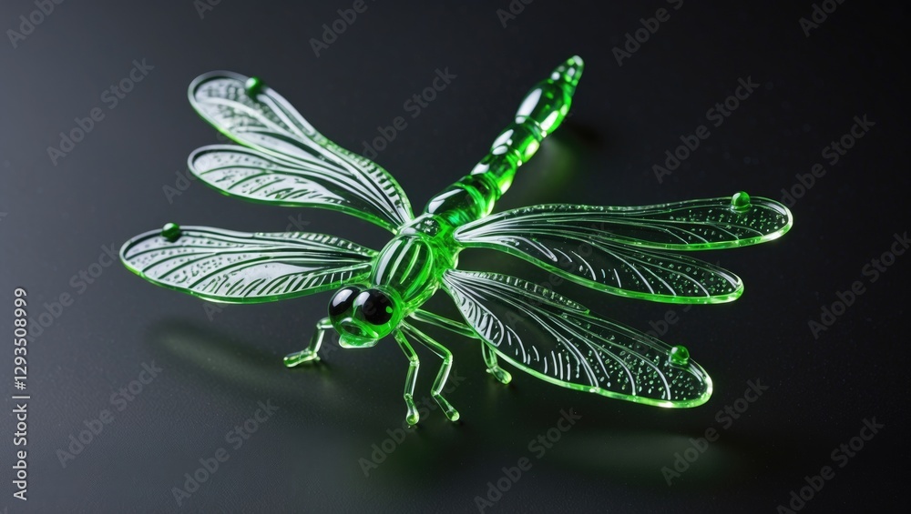 Poster glowing green glass dragonfly craft art displayed on a dark background for decorative and artistic p