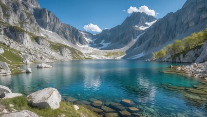 Stunning alpine lake surrounded by majestic mountains under a clear blue sky showcasing nature's serene beauty and tranquility.