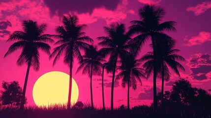 Obraz premium A vaporwave sunset with palm trees silhouetted against pink skies. 