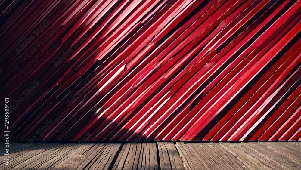 Aufkleber Red diagonal slats wallpaper with wooden floor creating a vibrant dynamic backdrop for presentations and creative projects.