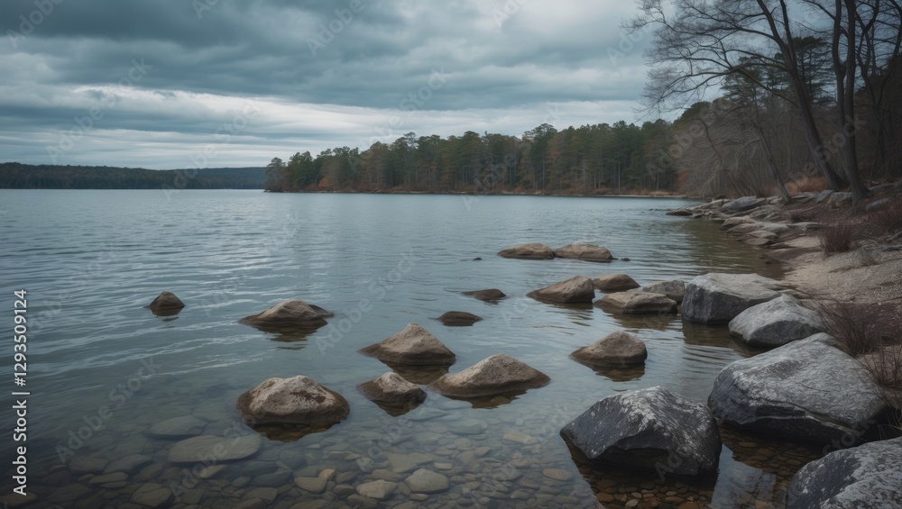 Aufkleber Calm Lake Shoreline with Rocks Under Overcast Sky Offering Tranquility and Space for Text in Nature Setting