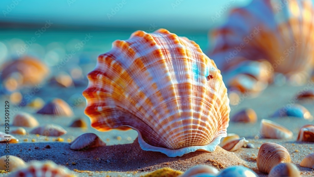 Poster Vibrant seashell on sandy beach with colorful textures and soft focus background creating a serene coastal atmosphere.