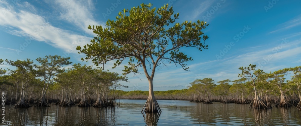 Poster Lone Mangrove Tree Surrounded by Water in a Serene Forest Under a Clear Blue Sky with Space for Text and Design Elements