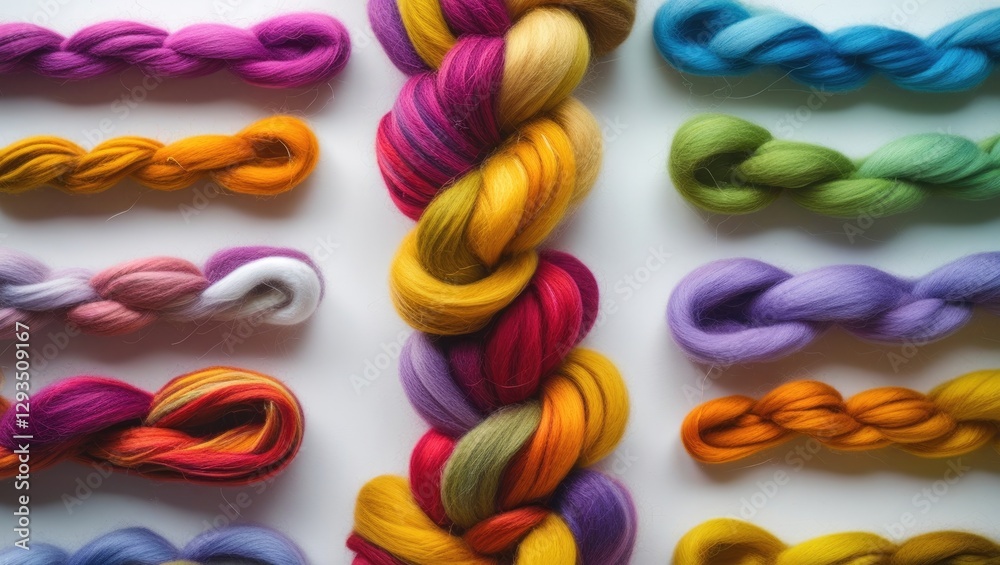 Aufkleber Vibrant assortment of colorful wool threads arranged neatly on a white background showcasing a variety of textures and hues for crafting projects.