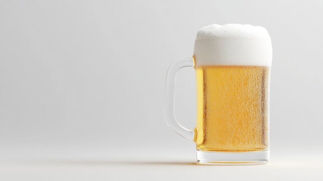 Refreshing beer in clear glass mug, topped with frothy white foa