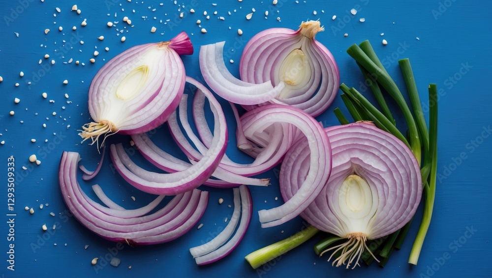 Poster sliced red onions and green spring onions arranged on a vibrant blue background showcasing fresh ing