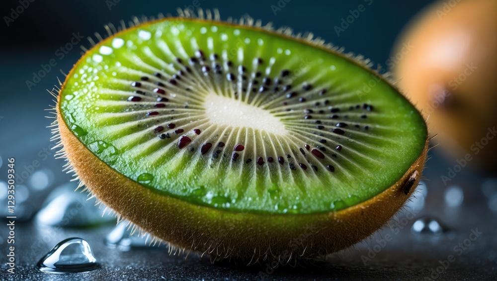 Poster fresh kiwi fruit slice with vibrant green flesh and black seeds on a textured surface, highlighting 