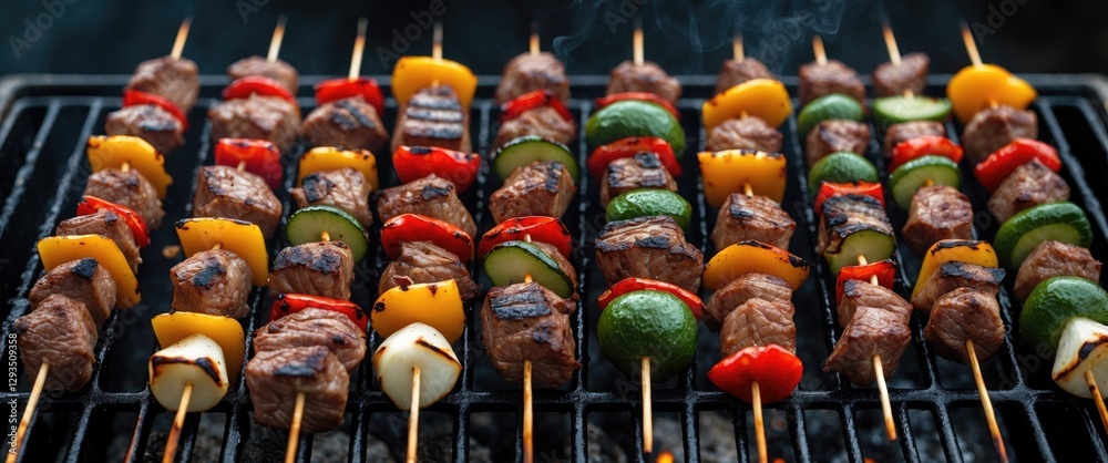 Poster grilled meat and vegetable skewers on barbecue with smoke and empty space for text for food promotio