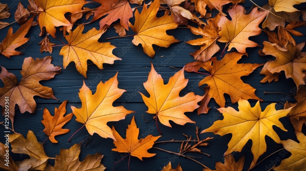 Poster autumn oak leaves in vibrant hues on a dark wooden background creating a warm and inviting seasonal 