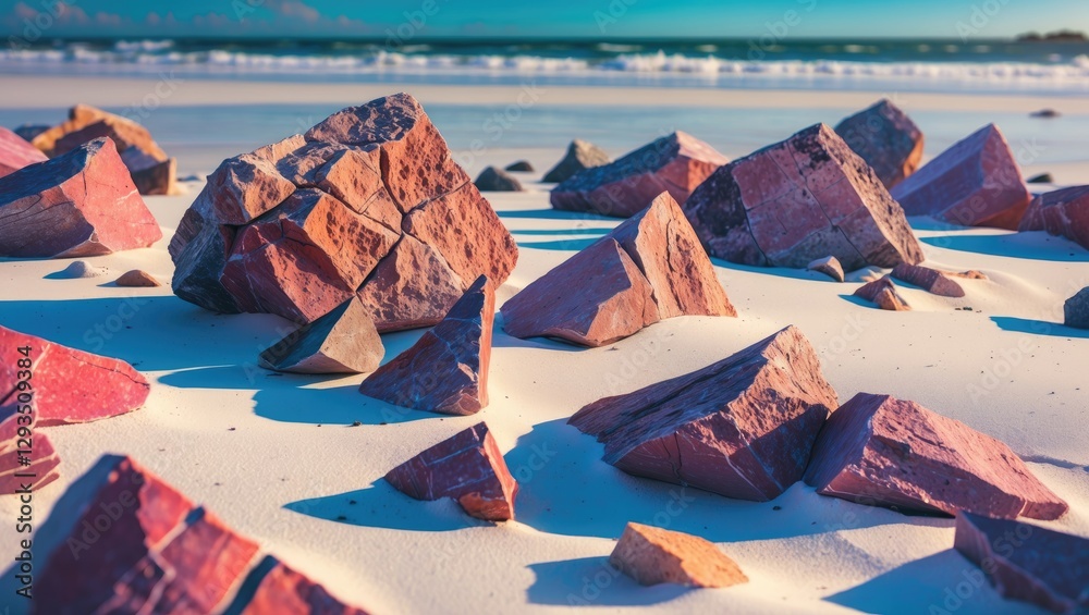 Poster colorful rock shards scattered on a pristine white sand beach with gentle ocean waves in the backgro