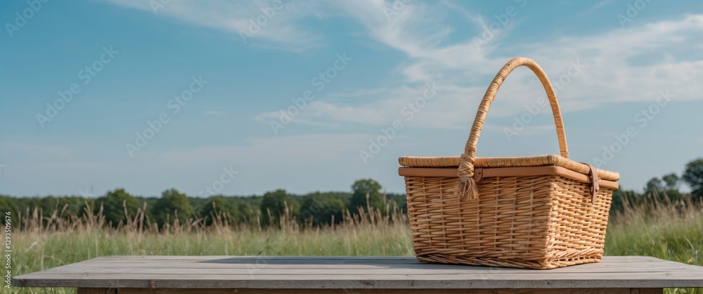 Fototapete Straw picnic basket on a wooden table with blue sky and grassy field in background providing empty space for text or design elements.
