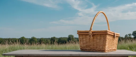 Foto op Canvas Straw picnic basket on a wooden table with blue sky and grassy field in background providing empty space for text or design elements. © BlockBrushstrokes