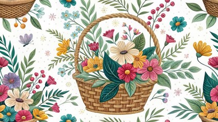 Fototapeta premium Aerial Drone Shot Vibrant Floral Basket Design, Stunning Overhead Flower Arrangement Photography, Colorful Spring Basket, Unique Floral Gift