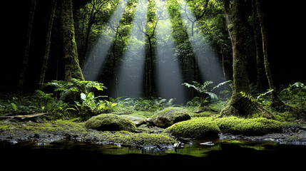 Sunlight filters through dense trees in lush forest, creating serene atmosphere