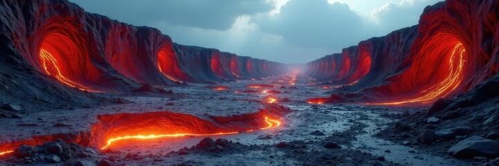 Fototapeta premium A vast, barren expanse with twisted lava tubes and mineral deposits, geological, surreal, rocky
