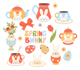 Cute spring bunny and Easter decoration clipart. Isolated springtime holiday, tea party elements with rabbit decor, eggs, teapot, cup, flowers on white background. Vector illustration