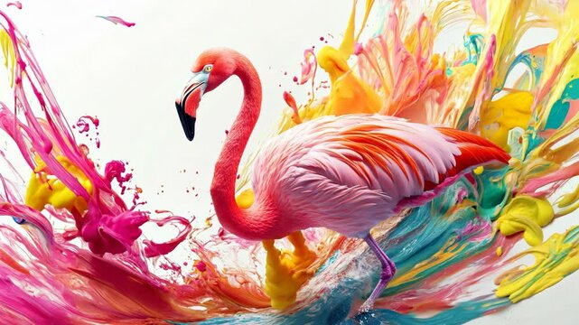 A flamingo standing gracefully with vibrant artistic paint splashes